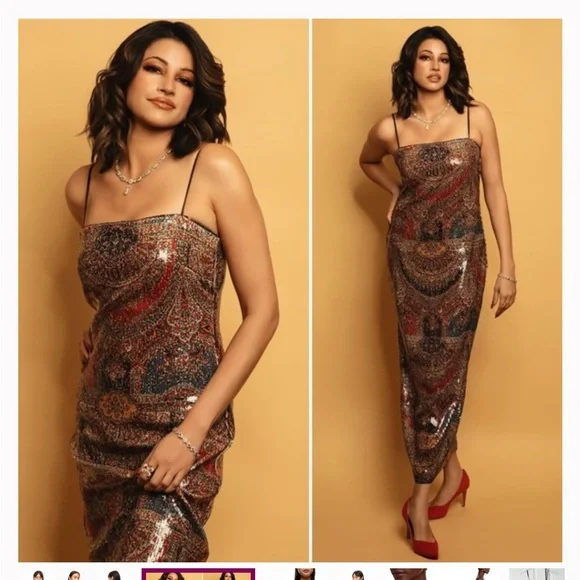 Veronica Beard Gold and Red Sequin Midi Dress - Picture 2 of 6